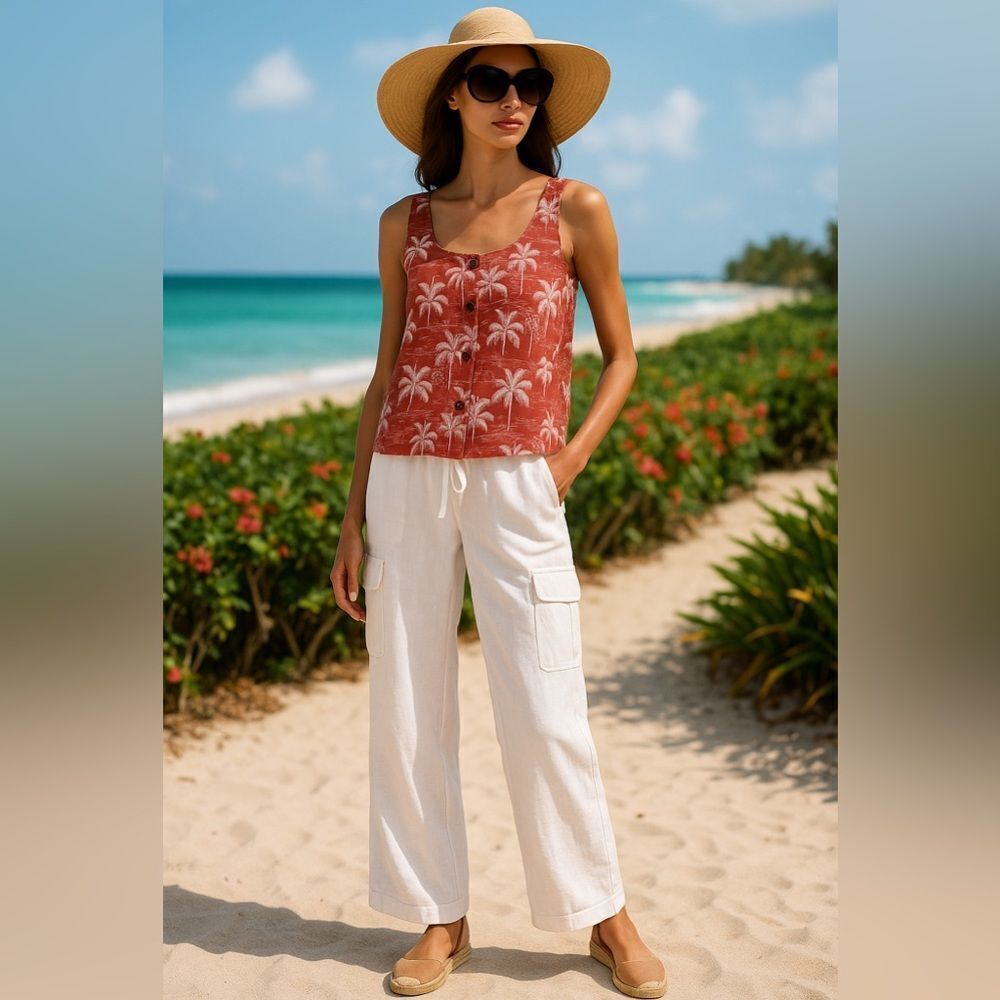 C&C California 100% Linen Palm Print Button-Front Tank Top – Size M